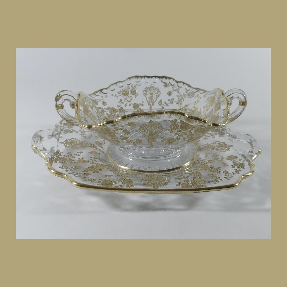 Vintage Cambridge Glass Rose Point Gold Relish/Candy Dish with Under Plate